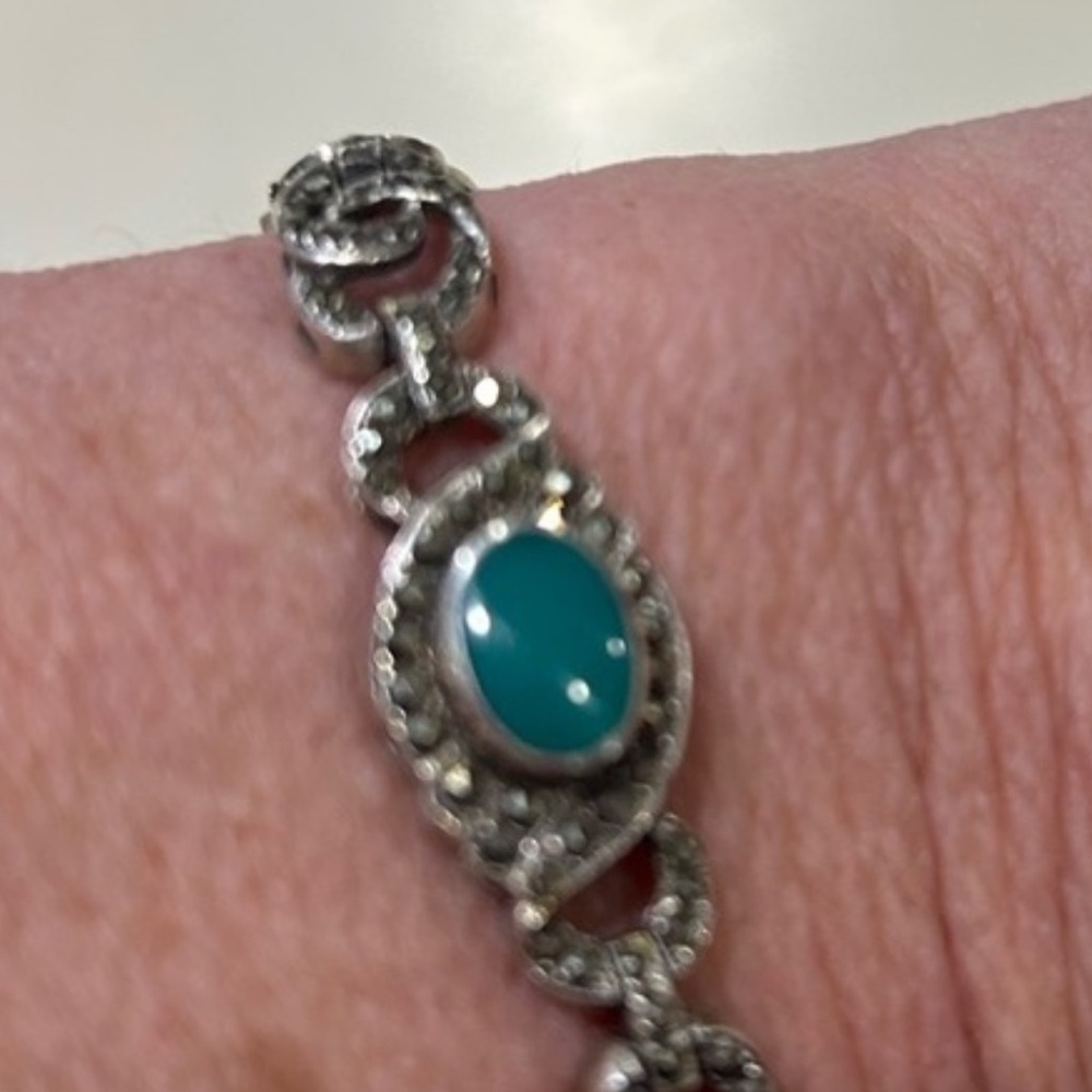 Vintage Sterling, Marcasite and Jade or Malachite Bracelet